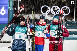 13.02.2018, Pyeongchang, Korea (KOR): Federico Pellegrino (ITA), Johannes Hoesflot Klaebo (NOR), Alexander Bolshunov (RUS), (l-r) - XXIII. Olympic Winter Games Pyeongchang 2018, cross-country, individual sprint,  Pyeongchang (KOR). www.nordicfocus.com. © Modica/NordicFocus. Every downloaded picture is fee-liable.