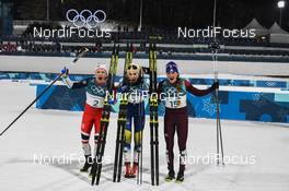 13.02.2018, Pyeongchang, Korea (KOR): Maiken Caspersen Falla (NOR), Stina Nilsson (SWE), Yulia Belorukova (RUS) - XXIII. Olympic Winter Games Pyeongchang 2018, cross-country, individual sprint,  Pyeongchang (KOR). www.nordicfocus.com. © Thibaut/NordicFocus. Every downloaded picture is fee-liable.