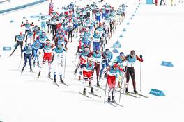 24.02.2018, Pyeongchang, Korea (KOR): Start of the race   - XXIII. Olympic Winter Games Pyeongchang 2018, cross-country, mass men,  Pyeongchang (KOR). www.nordicfocus.com. © Modica/NordicFocus. Every downloaded picture is fee-liable.
