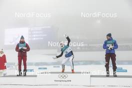 24.02.2018, Pyeongchang, Korea (KOR): Alexander Bolshunov (RUS), Iivo Niskanen (FIN), Andrey Larkov (RUS), (l-r) - XXIII. Olympic Winter Games Pyeongchang 2018, cross-country, mass men,  Pyeongchang (KOR). www.nordicfocus.com. © Modica/NordicFocus. Every downloaded picture is fee-liable.