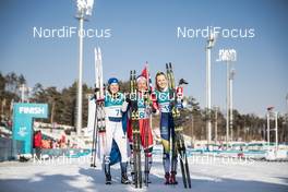 25.02.2018, Pyeongchang, Korea (KOR): Krista Parmakoski (FIN), Marit Bjoergen (NOR), Stina Nilsson (SWE), (l-r)  - XXIII. Olympic Winter Games Pyeongchang 2018, cross-country, mass women,  Pyeongchang (KOR). www.nordicfocus.com. © Modica/NordicFocus. Every downloaded picture is fee-liable.
