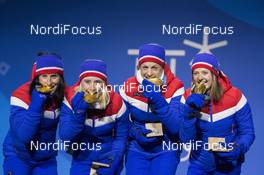 18.02.2018, Pyeongchang, Korea (KOR): Marit Bjoergen (NOR), Ragnhild Haga (NOR), Astrid Uhrenholdt Jacobsen (NOR), Ingvild Flugstad Oestberg (NOR), (l-r)  - XXIII. Olympic Winter Games Pyeongchang 2018, cross-country, medals, Pyeongchang (KOR). www.nordicfocus.com. © Manzoni/NordicFocus. Every downloaded picture is fee-liable.
