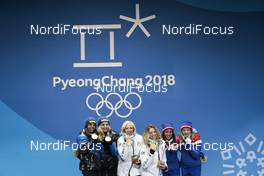 22.02.2018, Pyeongchang, Korea (KOR): Charlotte Kalla (SWE), Stina Nilsson (SWE), Kikkan Randall (USA), Jessica Diggins (USA), Marit Bjoergen (NOR), Maiken Caspersen Falla (NOR), (l-r)  - XXIII. Olympic Winter Games Pyeongchang 2018, cross-country, medals, Pyeongchang (KOR). www.nordicfocus.com. © Modica/NordicFocus. Every downloaded picture is fee-liable.