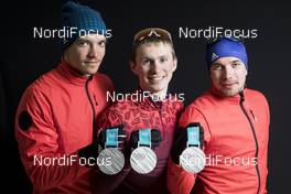 23.02.2018, Pyeongchang, Korea (KOR): Andrey Larkov (RUS), Denis Spitsov (RUS), Alexey Chervotkin (RUS), (l-r)  - XXIII. Olympic Winter Games Pyeongchang 2018, cross-country, medals, Pyeongchang (KOR). www.nordicfocus.com. © Modica/NordicFocus. Every downloaded picture is fee-liable.