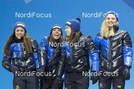 18.02.2018, Pyeongchang, Korea (KOR): Anna Haag (SWE), Charlotte Kalla (SWE), Ebba Andersson (SWE), Stina Nilsson (SWE), (l-r)  - XXIII. Olympic Winter Games Pyeongchang 2018, cross-country, medals, Pyeongchang (KOR). www.nordicfocus.com. © Manzoni/NordicFocus. Every downloaded picture is fee-liable.