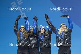 18.02.2018, Pyeongchang, Korea (KOR): Anna Haag (SWE), Charlotte Kalla (SWE), Ebba Andersson (SWE), Stina Nilsson (SWE), (l-r)  - XXIII. Olympic Winter Games Pyeongchang 2018, cross-country, medals, Pyeongchang (KOR). www.nordicfocus.com. © Manzoni/NordicFocus. Every downloaded picture is fee-liable.
