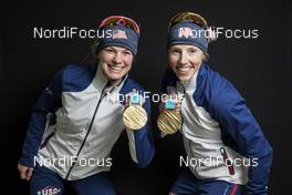 23.02.2018, Pyeongchang, Korea (KOR): Jessica Diggins (USA), Kikkan Randall (USA), (l-r)  - XXIII. Olympic Winter Games Pyeongchang 2018, cross-country, medals, Pyeongchang (KOR). www.nordicfocus.com. © Modica/NordicFocus. Every downloaded picture is fee-liable.