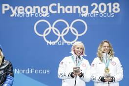 22.02.2018, Pyeongchang, Korea (KOR): Kikkan Randall (USA), Jessica Diggins (USA), (l-r)  - XXIII. Olympic Winter Games Pyeongchang 2018, cross-country, medals, Pyeongchang (KOR). www.nordicfocus.com. © Modica/NordicFocus. Every downloaded picture is fee-liable.