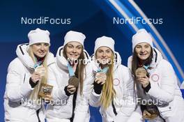 18.02.2018, Pyeongchang, Korea (KOR): Anna Nechaevskaya (RUS), Anastasia Sedova (RUS), Yulia Belorukova (RUS), Natalia Nepryaeva (RUS), (l-r)  - XXIII. Olympic Winter Games Pyeongchang 2018, cross-country, medals, Pyeongchang (KOR). www.nordicfocus.com. © Manzoni/NordicFocus. Every downloaded picture is fee-liable.