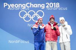 16.02.2018, Pyeongchang, Korea (KOR): Simen Hegstad Krueger (NOR), Dario Cologna (SUI), Denis Spitsov (RUS), (l-r) - XXIII. Olympic Winter Games Pyeongchang 2018, cross-country, medals, Pyeong Chang (KOR). www.nordicfocus.com. © Modica/NordicFocus. Every downloaded picture is fee-liable.
