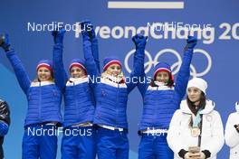 18.02.2018, Pyeongchang, Korea (KOR): Ingvild Flugstad Oestberg (NOR), Astrid Uhrenholdt Jacobsen (NOR), Ragnhild Haga (NOR), Marit Bjoergen (NOR), (l-r)  - XXIII. Olympic Winter Games Pyeongchang 2018, cross-country, medals, Pyeongchang (KOR). www.nordicfocus.com. © Manzoni/NordicFocus. Every downloaded picture is fee-liable.
