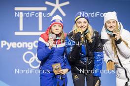 10.02.2018, Pyeongchang, Korea (KOR): Maiken Caspersen Falla (NOR), Stina Nilsson (SWE), Yulia Belorukova (RUS), (l-r) - XXIII. Olympic Winter Games Pyeongchang 2018, cross-country, medals, Pyeongchang (KOR). www.nordicfocus.com. © Modica/NordicFocus. Every downloaded picture is fee-liable.