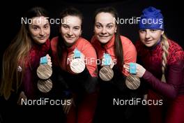 19.02.2018, Pyeongchang, Korea (KOR): Yulia Belorukova (RUS), Natalia Nepryaeva (RUS), Anastasia Sedova (RUS), Anna Nechaevskaya (RUS), (l-r)  - XXIII. Olympic Winter Games Pyeongchang 2018, cross-country, medals, Pyeongchang (KOR). www.nordicfocus.com. © Modica/NordicFocus. Every downloaded picture is fee-liable.