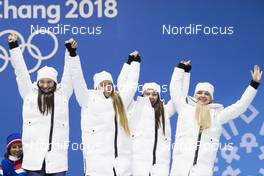18.02.2018, Pyeongchang, Korea (KOR): Natalia Nepryaeva (RUS), Yulia Belorukova (RUS), Anastasia Sedova (RUS), Anna Nechaevskaya (RUS), (l-r)  - XXIII. Olympic Winter Games Pyeongchang 2018, cross-country, medals, Pyeongchang (KOR). www.nordicfocus.com. © Manzoni/NordicFocus. Every downloaded picture is fee-liable.
