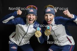 23.02.2018, Pyeongchang, Korea (KOR): Jessica Diggins (USA), Kikkan Randall (USA), (l-r)  - XXIII. Olympic Winter Games Pyeongchang 2018, cross-country, medals, Pyeongchang (KOR). www.nordicfocus.com. © Modica/NordicFocus. Every downloaded picture is fee-liable.