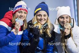 10.02.2018, Pyeongchang, Korea (KOR): Maiken Caspersen Falla (NOR), Stina Nilsson (SWE), Yulia Belorukova (RUS), (l-r) - XXIII. Olympic Winter Games Pyeongchang 2018, cross-country, medals, Pyeongchang (KOR). www.nordicfocus.com. © Modica/NordicFocus. Every downloaded picture is fee-liable.