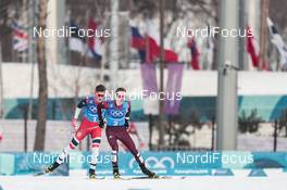 18.02.2018, Pyeongchang, Korea (KOR): Johannes Hoesflot Klaebo (NOR), Denis Spitsov (RUS), (l-r)  - XXIII. Olympic Winter Games Pyeongchang 2018, cross-country, 4x10km men,  Pyeongchang (KOR). www.nordicfocus.com. © Modica/NordicFocus. Every downloaded picture is fee-liable.