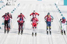 18.02.2018, Pyeongchang, Korea (KOR): Jonas Baumann (SUI), Andrey Larkov (RUS), Didrik Toenseth (NOR), Jens Burman (SWE), Ristomatti Hakola (FIN), (l-r)  - XXIII. Olympic Winter Games Pyeongchang 2018, cross-country, 4x10km men,  Pyeongchang (KOR). www.nordicfocus.com. © Modica/NordicFocus. Every downloaded picture is fee-liable.
