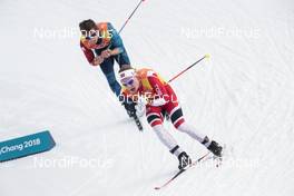 18.02.2018, Pyeongchang, Korea (KOR): Simen Hegstad Krueger (NOR), Clement Parisse (FRA), (l-r)  - XXIII. Olympic Winter Games Pyeongchang 2018, cross-country, 4x10km men,  Pyeongchang (KOR). www.nordicfocus.com. © Modica/NordicFocus. Every downloaded picture is fee-liable.