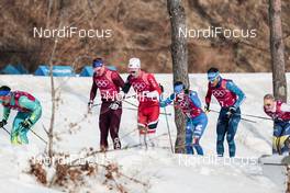 18.02.2018, Pyeongchang, Korea (KOR): Alexey Poltoranin (KAZ), Andrey Larkov (RUS), Didrik Toenseth (NOR), Maicol Rastelli (ITA), Jean Marc Gaillard (FRA), (l-r)  - XXIII. Olympic Winter Games Pyeongchang 2018, cross-country, 4x10km men,  Pyeongchang (KOR). www.nordicfocus.com. © Modica/NordicFocus. Every downloaded picture is fee-liable.