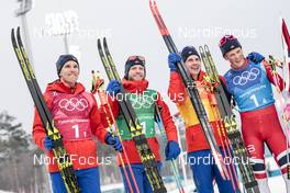 18.02.2018, Pyeongchang, Korea (KOR): Didrik Toenseth (NOR), Martin Johnsrud Sundby (NOR), Simen Hegstad Krueger (NOR), Johannes Hoesflot Klaebo (NOR), (l-r)  - XXIII. Olympic Winter Games Pyeongchang 2018, cross-country, 4x10km men,  Pyeongchang (KOR). www.nordicfocus.com. © Modica/NordicFocus. Every downloaded picture is fee-liable.