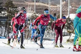 18.02.2018, Pyeongchang, Korea (KOR): Jonas Baumann (SUI), Jean Marc Gaillard (FRA), Andrey Larkov (RUS), (l-r)  - XXIII. Olympic Winter Games Pyeongchang 2018, cross-country, 4x10km men,  Pyeongchang (KOR). www.nordicfocus.com. © Modica/NordicFocus. Every downloaded picture is fee-liable.