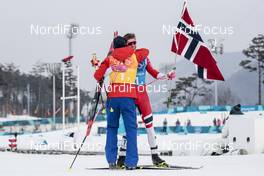 18.02.2018, Pyeongchang, Korea (KOR): Johannes Hoesflot Klaebo (NOR), Simen Hegstad Krueger (NOR), (l-r)  - XXIII. Olympic Winter Games Pyeongchang 2018, cross-country, 4x10km men,  Pyeongchang (KOR). www.nordicfocus.com. © Modica/NordicFocus. Every downloaded picture is fee-liable.
