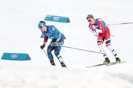 18.02.2018, Pyeongchang, Korea (KOR): Adrien Backscheider (FRA), Johannes Hoesflot Klaebo (NOR), (l-r)  - XXIII. Olympic Winter Games Pyeongchang 2018, cross-country, 4x10km men,  Pyeongchang (KOR). www.nordicfocus.com. © Modica/NordicFocus. Every downloaded picture is fee-liable.