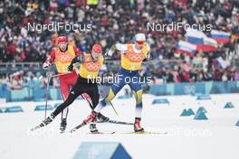 18.02.2018, Pyeongchang, Korea (KOR): Russell Kennedy (CAN), Lucas Boegl (GER), Marcus Hellner (SWE), (l-r)  - XXIII. Olympic Winter Games Pyeongchang 2018, cross-country, 4x10km men,  Pyeongchang (KOR). www.nordicfocus.com. © Modica/NordicFocus. Every downloaded picture is fee-liable.