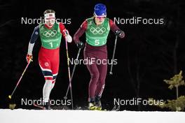 17.02.2018, Pyeongchang, Korea (KOR): Astrid Uhrenholdt Jacobsen (NOR), Yulia Belorukova (RUS), (l-r)  - XXIII. Olympic Winter Games Pyeongchang 2018, cross-country, 4x5km women, Pyeongchang (KOR). www.nordicfocus.com. © Modica/NordicFocus. Every downloaded picture is fee-liable.