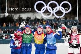 17.02.2018, Pyeongchang, Korea (KOR): Ingvild Flugstad Oestberg (NOR), Astrid Uhrenholdt Jacobsen (NOR), Ragnhild Haga (NOR), Marit Bjoergen (NOR), (l-r) - XXIII. Olympic Winter Games Pyeongchang 2018, cross-country, 4x5km women, Pyeongchang (KOR). www.nordicfocus.com. © Modica/NordicFocus. Every downloaded picture is fee-liable.