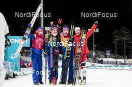 17.02.2018, Pyeongchang, Korea (KOR): Ingvild Flugstad Oestberg (NOR), Astrid Uhrenholdt Jacobsen (NOR), Ragnhild Haga (NOR), Marit Bjoergen (NOR), (l-r)  - XXIII. Olympic Winter Games Pyeongchang 2018, cross-country, 4x5km women, Pyeongchang (KOR). www.nordicfocus.com. © Modica/NordicFocus. Every downloaded picture is fee-liable.