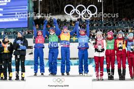 17.02.2018, Pyeongchang, Korea (KOR): Ingvild Flugstad Oestberg (NOR), Astrid Uhrenholdt Jacobsen (NOR), Ragnhild Haga (NOR), Marit Bjoergen (NOR), (l-r) - XXIII. Olympic Winter Games Pyeongchang 2018, cross-country, 4x5km women, Pyeongchang (KOR). www.nordicfocus.com. © Modica/NordicFocus. Every downloaded picture is fee-liable.
