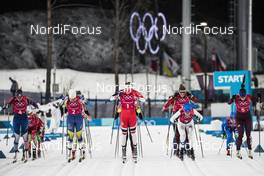 17.02.2018, Pyeongchang, Korea (KOR): Sophie Caldwell (USA), Anna Haag (SWE), Ingvild Flugstad Oestberg (NOR), Aino-Kaisa Saarinen (FIN), Natalia Nepryaeva (RUS), (l-r)  - XXIII. Olympic Winter Games Pyeongchang 2018, cross-country, 4x5km women, Pyeongchang (KOR). www.nordicfocus.com. © Modica/NordicFocus. Every downloaded picture is fee-liable.