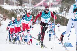 11.02.2018, Pyeongchang, Korea (KOR): Martin Johnsrud Sundby (NOR), Hans Christer Holund (NOR), Dario Cologna (SUI), (l-r)  - XXIII. Olympic Winter Games Pyeongchang 2018, cross-country, skiathlon men, Pyeongchang (KOR). www.nordicfocus.com. © Modica/NordicFocus. Every downloaded picture is fee-liable.