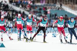 11.02.2018, Pyeongchang, Korea (KOR): Johannes Hoesflot Klaebo (NOR), Martin Johnsrud Sundby (NOR), Dario Cologna (SUI), Alex Harvey (CAN), Andrew Musgrave (GBR), (l-r)  - XXIII. Olympic Winter Games Pyeongchang 2018, cross-country, skiathlon men, Pyeongchang (KOR). www.nordicfocus.com. © Modica/NordicFocus. Every downloaded picture is fee-liable.