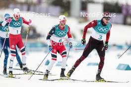11.02.2018, Pyeongchang, Korea (KOR): Johannes Hoesflot Klaebo (NOR), Martin Johnsrud Sundby (NOR), Dario Cologna (SUI), (l-r)  - XXIII. Olympic Winter Games Pyeongchang 2018, cross-country, skiathlon men, Pyeongchang (KOR). www.nordicfocus.com. © Modica/NordicFocus. Every downloaded picture is fee-liable.