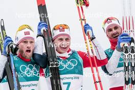 11.02.2018, Pyeongchang, Korea (KOR): Martin Johnsrud Sundby (NOR), Simen Hegstad Krueger (NOR), Hans Christer Holund (NOR), (l-r)  - XXIII. Olympic Winter Games Pyeongchang 2018, cross-country, skiathlon men, Pyeongchang (KOR). www.nordicfocus.com. © Modica/NordicFocus. Every downloaded picture is fee-liable.