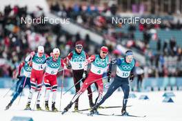 11.02.2018, Pyeongchang, Korea (KOR): Johannes Hoesflot Klaebo (NOR), Martin Johnsrud Sundby (NOR), Dario Cologna (SUI), Alex Harvey (CAN), Andrew Musgrave (GBR), (l-r)  - XXIII. Olympic Winter Games Pyeongchang 2018, cross-country, skiathlon men, Pyeongchang (KOR). www.nordicfocus.com. © Modica/NordicFocus. Every downloaded picture is fee-liable.