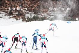 11.02.2018, Pyeongchang, Korea (KOR): Simen Hegstad Krueger (NOR), Andrew Musgrave (GBR), Hans Christer Holund (NOR), Martin Johnsrud Sundby (NOR), Dario Cologna (SUI), (l-r)  - XXIII. Olympic Winter Games Pyeongchang 2018, cross-country, skiathlon men, Pyeongchang (KOR). www.nordicfocus.com. © Modica/NordicFocus. Every downloaded picture is fee-liable.