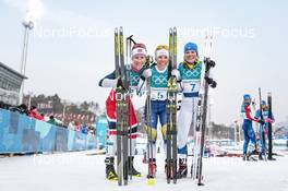 10.02.2018, Pyeongchang, Korea (KOR): Marit Bjoergen (NOR), Charlotte Kalla (SWE), Krista Parmakoski (FIN), (l-r)  - XXIII. Olympic Winter Games Pyeongchang 2018, cross-country, skiathlon women, Pyeongchang (KOR). www.nordicfocus.com. © Modica/NordicFocus. Every downloaded picture is fee-liable.
