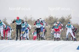 10.02.2018, Pyeongchang, Korea (KOR): Marit Bjoergen (NOR), Charlotte Kalla (SWE), Victoria Carl (GER), Ebba Andersson (SWE), Nathalie Von Siebenthal (SUI), Heidi Weng (NOR), Ingvild Flugstad Oestberg (NOR), (l-r)  - XXIII. Olympic Winter Games Pyeong Chang 2018, cross-country, skiathlon women, Pyeong Chang (KOR). www.nordicfocus.com. © Modica/NordicFocus. Every downloaded picture is fee-liable.