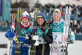 10.02.2018, Pyeongchang, Korea (KOR): Marit Bjoergen (NOR), Charlotte Kalla (SWE), Krista Parmakoski (FIN), (l-r)  - XXIII. Olympic Winter Games Pyeong Chang 2018, cross-country, skiathlon women, Pyeong Chang (KOR). www.nordicfocus.com. © Modica/NordicFocus. Every downloaded picture is fee-liable.