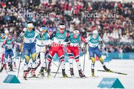 10.02.2018, Pyeongchang, Korea (KOR): Charlotte Kalla (SWE), Krista Parmakoski (FIN), Marit Bjoergen (NOR), Heidi Weng (NOR), Ebba Andersson (SWE), (l-r)  - XXIII. Olympic Winter Games Pyeongchang 2018, cross-country, skiathlon women, Pyeongchang (KOR). www.nordicfocus.com. © Modica/NordicFocus. Every downloaded picture is fee-liable.