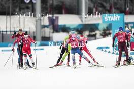 21.02.2018, Pyeongchang, Korea (KOR): Marit Bjoergen (NOR), Kikkan Randall (USA), Natalia Nepryaeva (RUS), (l-r)  - XXIII. Olympic Winter Games Pyeongchang 2018, cross-country, team sprint,  Pyeongchang (KOR). www.nordicfocus.com. © Modica/NordicFocus. Every downloaded picture is fee-liable.