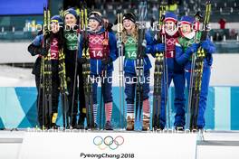 21.02.2018, Pyeongchang, Korea (KOR): Stina Nilsson (SWE), Charlotte Kalla (SWE), Kikkan Randall (USA), Jessica Diggins (USA), Marit Bjoergen (NOR), Maiken Caspersen Falla (NOR), (l-r) - XXIII. Olympic Winter Games Pyeongchang 2018, cross-country, team sprint,  Pyeongchang (KOR). www.nordicfocus.com. © Modica/NordicFocus. Every downloaded picture is fee-liable.