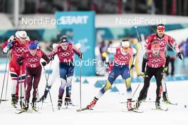 21.02.2018, Pyeongchang, Korea (KOR): Denis Spitsov (RUS), Erik Bjornsen (USA), Marcus Hellner (SWE), Sebastian Eisenlauer (GER), (l-r)  - XXIII. Olympic Winter Games Pyeongchang 2018, cross-country, team sprint,  Pyeongchang (KOR). www.nordicfocus.com. © Modica/NordicFocus. Every downloaded picture is fee-liable.