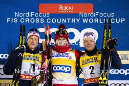 24.11.2018, Ruka, Finland (FIN): Johannes Hoesflot Klaebo (NOR), Alexander Bolshunov (RUS), Eirik Brandsdal (NOR), (l-r) - FIS world cup cross-country, individual sprint, Ruka (FIN). www.nordicfocus.com. © Modica/NordicFocus. Every downloaded picture is fee-liable.
