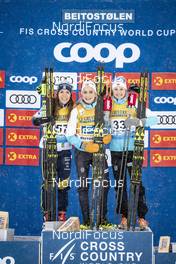 08.12.2018, Beitostolen, Norway (NOR): Charlotte Kalla (SWE), Therese Johaug (NOR), Ingvild Flugstad Oestberg (NOR), (l-r)  - FIS world cup cross-country, 15km women, Beitostolen (NOR). www.nordicfocus.com. © Modica/NordicFocus. Every downloaded picture is fee-liable.
