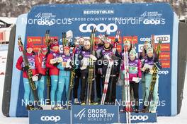 09.12.2018, Beitostolen, Norway (NOR): Yulia Belorukova (RUS), Natalia Nepryaeva (RUS), Anastasia Sedova (RUS), Anna Nechaevskaya (RUS), Heidi Weng (NOR), Therese Johaug (NOR), Ragnhild Haga (NOR), Ingvild Flugstad Oestberg (NOR), Johanna Matintalo (FIN), Krista Parmakoski (FIN), Riitta-Liisa Roponen (FIN), Eveliina Piippo (FIN), (l-r) - FIS world cup cross-country, 4x5km women, Beitostolen (NOR). www.nordicfocus.com. © Modica/NordicFocus. Every downloaded picture is fee-liable.